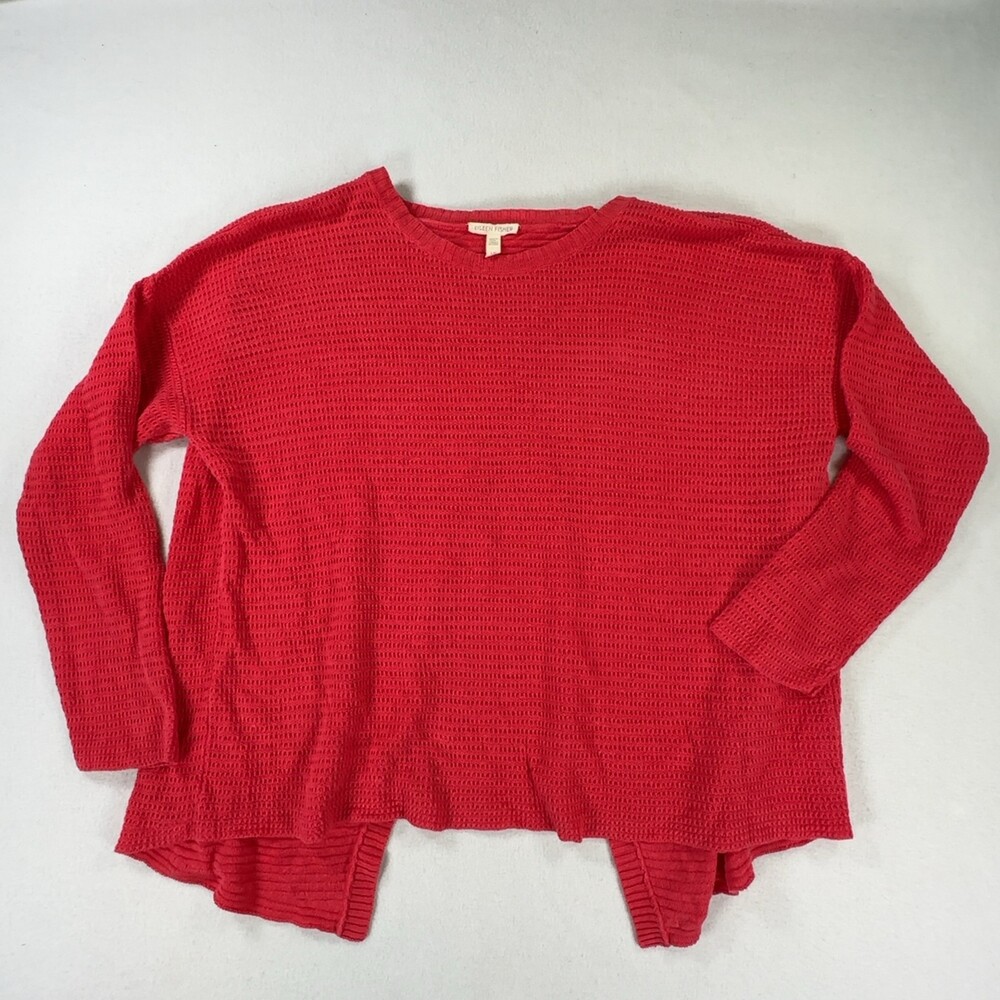 Eileen Fisher Waffle Knit Crewneck Sweater Hi-Low Hem Red Women's Size Large - Picture 9 of 16
